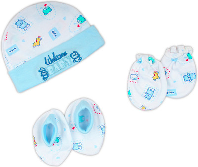 Offspring Cuty Teddy Baby Cap Mittens Booties Combo Set(Blue, Multicolor)