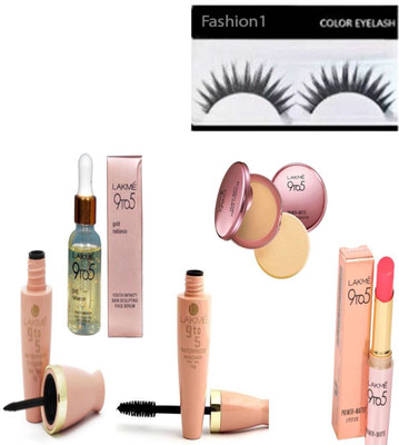 FASHION 1 Imported combo of 9to5 gold radiance serum,primer matte lipstick,primer matte powder foundation,eyeliner,mascara with eyelashes (set of 6)(Set of 6)