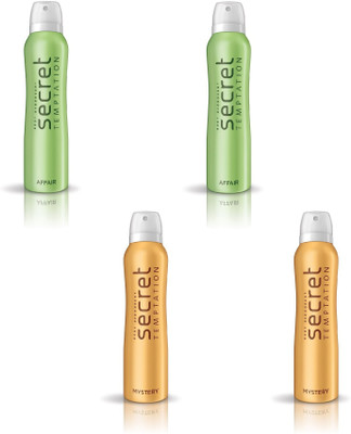 Secret Temptation 2 AFFAIR & 2 MYSTERY Pack of 4 Deodorant Spray - For Women(600 ml, Pack of 4)
Secret Temptation 2 AFFAIR & 2 MYSTERY Pack of 4 Deodorant Spray - For Women(600 ml, Pack of 4)