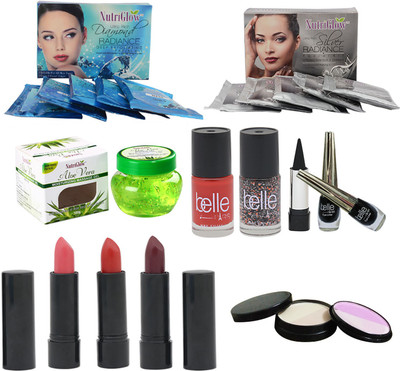 NutriGlow SET OF SKIN RADIANCE ( 1 PEARL + 1 SILVER) FACIAL KITS + 1 ALOE VERA GEL + 2 NAIL PAINTS + 3 LIPSTICKS + 2 EYE LINERS + 1 KAJAL + 1 (5-IN-1 ) COMPACT(Set of 1)
NutriGlow SET OF SKIN RADIANCE ( 1 PEARL + 1 SILVER) FACIAL KITS + 1 ALOE VERA GEL + 2 NAIL PAINTS + 3 LIPSTICKS + 2 EYE LINERS + 1 KAJAL + 1 (5-IN-1 ) COMPACT(Set of 1)