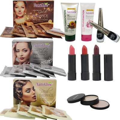 NutriGlow SET OF FACIAL KITS ( 1 GOLD + 1 SILVER + 1 PEARL) + 1 SKIN REJUVENATION CREAM + 1 ANTI PIGMENTATION CREAM + 2 EYE LINERS + 3 LIPSTICKS + 5-IN-1 COMPACT(Set of 1)
NutriGlow SET OF FACIAL KITS ( 1 GOLD + 1 SILVER + 1 PEARL) + 1 SKIN REJUVENATION CREAM + 1 ANTI PIGMENTATION CREAM + 2 EYE LINERS + 3 LIPSTICKS + 5-IN-1 COMPACT(Set of 1)