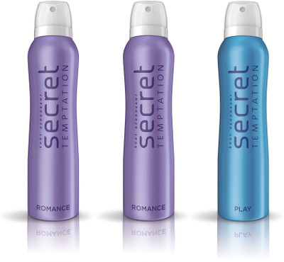 Secret Temptation 1 Play & 2 Romance pack of 3 Deodorant Spray - For Women(450 ml, Pack of 3)
Secret Temptation 1 Play & 2 Romance pack of 3 Deodorant Spray - For Women(450 ml, Pack of 3)