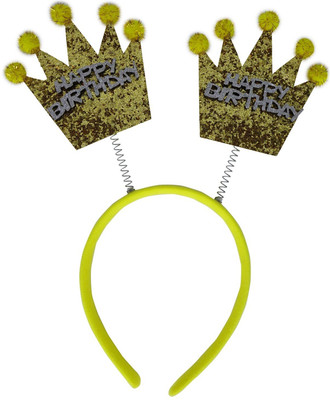 Funcart Happy Birthday Golden Crown with yellow pom-pom hairband Hair Band(Gold)