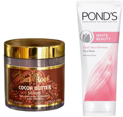 Pink Root COCOA BUTTER SCRUB 100G WITH POND'S WHITE BEAUTY FACEWASH(Set of 2)