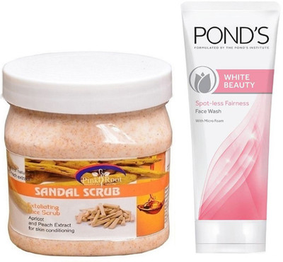Pink Root SANDAL SCRUB 500G WITH POND'S WHITE BEAUTY FACEWASH(Set of 2)