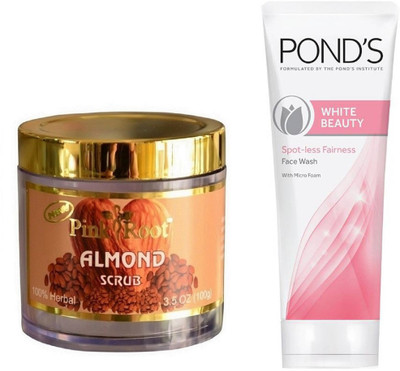 Pink Root ALMOND SCRUB 100G WITH POND'S WHITE BEAUTY FACEWASH(Set of 2)