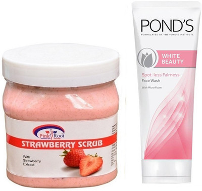 Pink Root STRAWBERRY SCRUB 500G WITH POND'S WHITE BEAUTY FACEWASH(Set of 2)