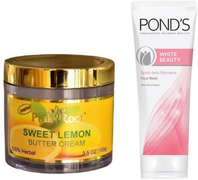 Pink Root SWEET LEMON BUTTER CREAM 100G WITH POND'S WHITE BEAUTY FACEWASH(Set of 2)