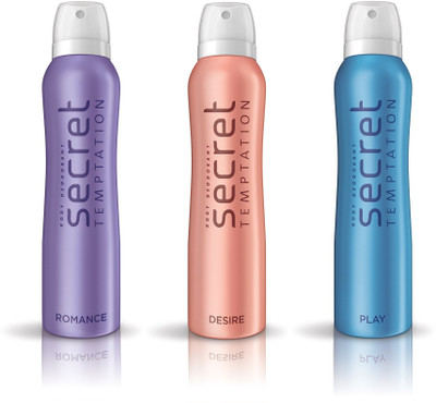 Secret Temptation Romance, Desire & Play Pack of 3 Deodorant Spray - For Women(450 ml, Pack of 3)
Secret Temptation Romance, Desire & Play Pack of 3 Deodorant Spray - For Women(450 ml, Pack of 3)