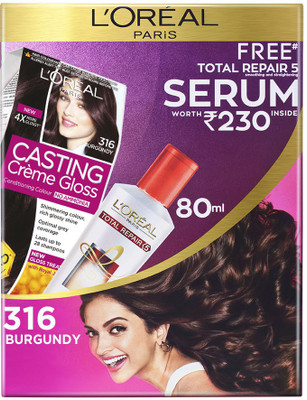 L'Oreal Paris Casting Crme Gloss with Free Total Repair 5 Serum Hair Color(316 Burgundy)
L'Oreal Paris Casting Crme Gloss with Free Total Repair 5 Serum Hair Color(316 Burgundy)