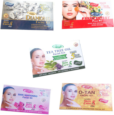 Klear Shine Diamond & Fruit Blast & Skin Whitening & Tea Tree Oil & D-Tan Facial Kit, 5 Flavor. 625 g(Set of 5)
Klear Shine Diamond & Fruit Blast & Skin Whitening & Tea Tree Oil & D-Tan Facial Kit, 5 Flavor. 625 g(Set of 5)