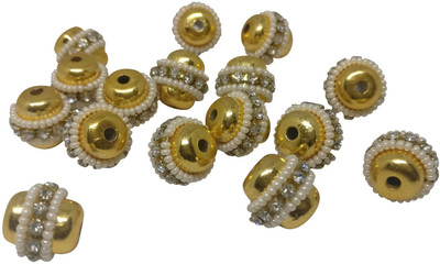 Aumni Crafts Jewellery Making Antique Beads With Stones & Seeds 13x12mm Drum Golden Color & White (Pack of 12 pieces)