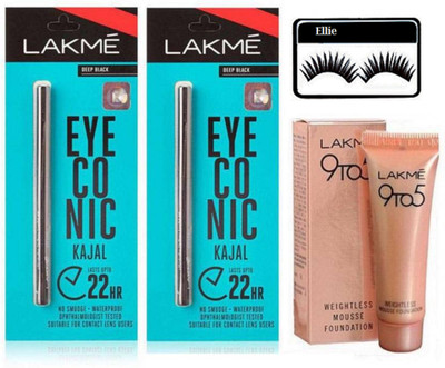 Ellie Eyelahses With Lakme Eyeconic Kajal pack of 2 With 9to5 Mousse Foundation(Set of 4)
Ellie Eyelahses With Lakme Eyeconic Kajal pack of 2 With 9to5 Mousse Foundation(Set of 4)