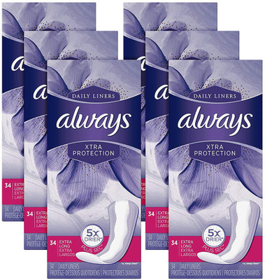 Always Xtra Protection Daily Liners, Extra Long Feminine Panty Liners, 34 Count - Pack of 6 (204 Total Count) Pantyliner(Pack of 34)
Always Xtra Protection Daily Liners, Extra Long Feminine Panty Liners, 34 Count - Pack of 6 (204 Total Count) Pantyliner(Pack of 34)