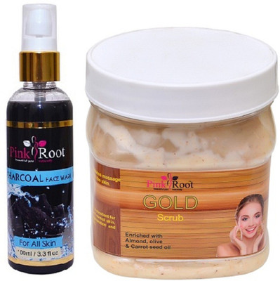 Pink Root Charcoal Face Wash 100ml WITH Gold Scrub 500ml(Set of 2)