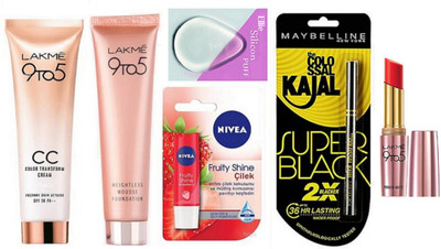 ellie Silicon Puff With Lakme 9to5 CC Cream & Mousse Foundation With Primer+Matte Lipstick & Lip Balm & Super Black Kajal(Set of 6)