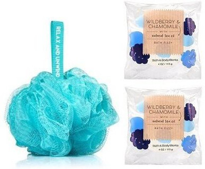 Bath & Body Works Bath Time Set. 2 Wildberry & Chamomile Bath Fizzy 4 Oz - 1 Blue Bath Sponge.
Bath & Body Works Bath Time Set. 2 Wildberry & Chamomile Bath Fizzy 4 Oz - 1 Blue Bath Sponge.
