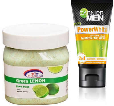 Pink Root GREEN LEMON SCRUB 500G WITH GARNIER POWER WHITE FACEWASH(Set of 2)