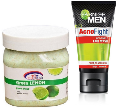 Pink Root GREEN LEMON SCRUB 500G WITH GARNIER ACNO FIGHT FACEWASH(Set of 2)