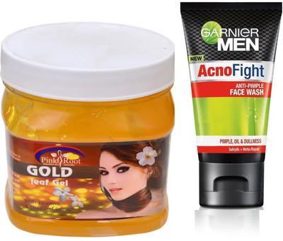 Pink Root GOLD GEL 500G WITH GARNIER ACNO FIGHT FACEWASH(Set of 2)