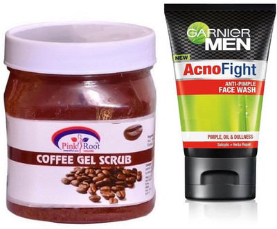 Pink Root COFFEE GEL SCRUB 500G WITH GARNIER ACNO FIGHT FACEWASH(Set of 2)