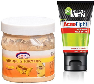 Pink Root SANDAL TURMERIC MASK 500G WITH GARNIER ACNO FIGHT FACEWASH(Set of 2)