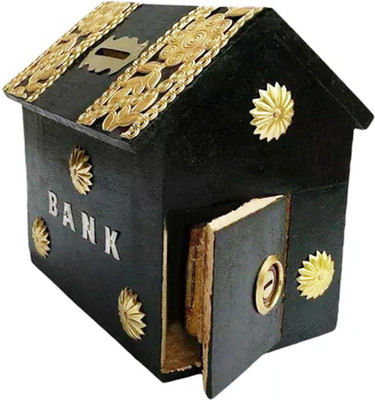 Trustshoppee Beautiful Wooden Handcrafts Money Bank Hut Shape Coin Bank(Black)