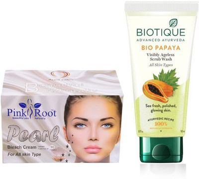 Pink Root PEARL BLEACH CREAM 250G WITH BIOTIQUE PAPAYA FACEWASH(Set of 2)