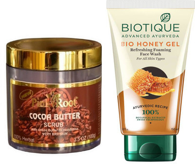 Pink Root COCOA BUTTER SCRUB 100G WITH BIOTIQUE HONEY FACEWASH(Set of 2)