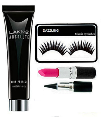 DAZZLING Eyelashes & Lakme Primer & Pink Lipstick & Stick Kaj(Set of 4)