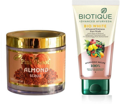 Pink Root ALMOND SCRUB 100G WITH BIOTIQUE WHITE FAIRNESS FACEWASH(Set of 2)