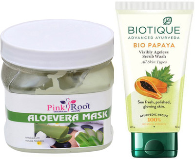 Pink Root ALOEVERA MASK 500G WITH BIOTIQUE PAPAYA FACEWASH(Set of 2)