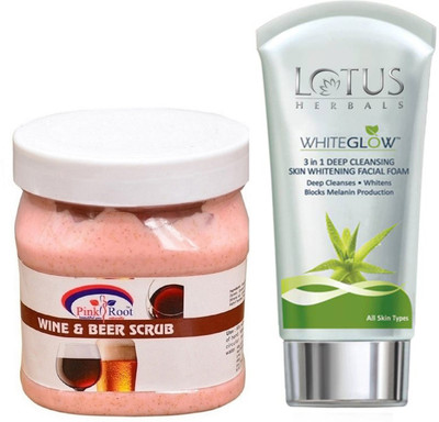Pink Root WINE AND BEER SCRUB 500G WITH LOTUS SKIN WHITENING FACEWASH(Set of 2)