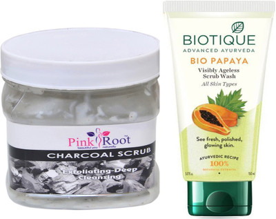 Pink Root CHARCOAL SCRUB 500G WITH PAPAYA FACEWASH(Set of 2)