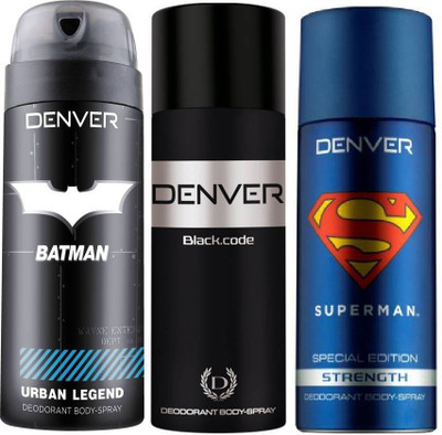 Denver Batman Urban Legend Deo 150 Ml + Deo Black Code 150 Ml + Superman Strength Deo 150 Ml Deodorant Spray - For Men(450 ml, Pack of 3)
Denver Batman Urban Legend Deo 150 Ml + Deo Black Code 150 Ml + Superman Strength Deo 150 Ml Deodorant Spray - For Men(450 ml, Pack of 3)