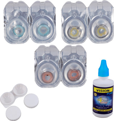 Vision-Plus 3 Pair Zero Power Monthly Contact Lens With Solution - Blue - Grey - Brown ( Color Lens) Monthly(0, Colored Contact Lenses, Pack of 3)
Vision-Plus 3 Pair Zero Power Monthly Contact Lens With Solution - Blue - Grey - Brown ( Color Lens) Monthly(0, Colored Contact Lenses, Pack of 3)