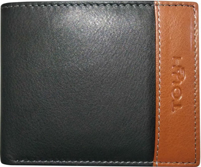 TOUGH Men Black Genuine Leather Wallet(4 Card Slots), Black/tan