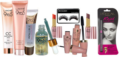 big Basket eyelashes , lkme 9 to 5 weightless mousse foundation , cc color trasnform cream , infallible mattifying primer , gold radiance serum , water proof eyeliner & mascara with primer +matte lipstick, L'oal Paris Kajal Magique Supreme Black(Set of 10
big Basket eyelashes , lkme 9 to 5 weightless mousse foundation , cc color trasnform cream , infallible mattifying primer , gold radiance serum , water proof eyeliner & mascara with primer +matte lipstick, L'oal Paris Kajal Magique Supreme Black(Set of 10
