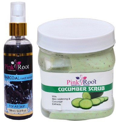 Pink Root Charcoal Face Wash 100ml WITH Cucumber Scrub 500ml(Set of 2)