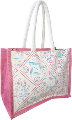Kroniv Men & Women Casual White, Pink Jute Hand-held Bag, Pink;white