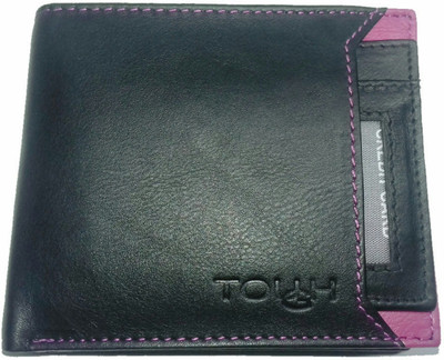 TOUGH Men Casual Black Genuine Leather Wallet(7 Card Slots), Black-pink