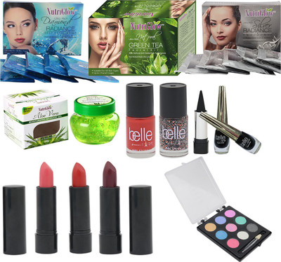 NutriGlow SET OF FACIAL KITS ( 1 GREEN TEA + 1 DIAMOND + 1 SILVER ) + 1 ALOE VERA GEL + 3 LIPSTICKS + 2 BELLE PARIS NAIL PAINTS + 2 EYE LINERS + 1 KAJAL + 1 EYE SHADOW(Set of 1)
NutriGlow SET OF FACIAL KITS ( 1 GREEN TEA + 1 DIAMOND + 1 SILVER ) + 1 ALOE VERA GEL + 3 LIPSTICKS + 2 BELLE PARIS NAIL PAINTS + 2 EYE LINERS + 1 KAJAL + 1 EYE SHADOW(Set of 1)