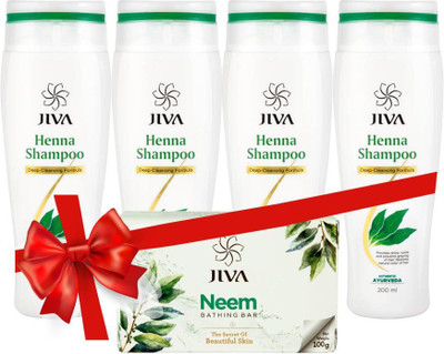 Jiva Henna Shampoo (200 ml) Pack of 4 with Neem Soap(Set of 5)