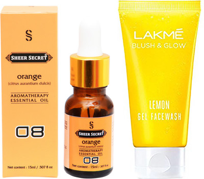 SHEER SECRET AROMATHERAPY ORANGE ESSENTIAL OIL 15ML with BLUSH & GLOW LEMON GEL FACEWASH 100ML(Set of 2)
SHEER SECRET AROMATHERAPY ORANGE ESSENTIAL OIL 15ML with BLUSH & GLOW LEMON GEL FACEWASH 100ML(Set of 2)