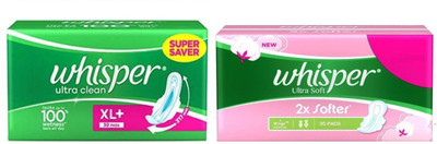 Whisper Ultra Clean & Ultra Soft 30+30 Pad Sanitary Pad(Pack of 2)