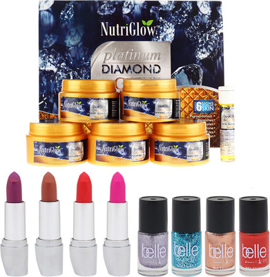 NutriGlow Set of 1 Platinum, Diamond and Gold Facial kit + 4 Lipsticks + 4 Nail Paints(Set of 1)
NutriGlow Set of 1 Platinum, Diamond and Gold Facial kit + 4 Lipsticks + 4 Nail Paints(Set of 1)