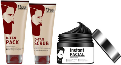 Qraa De Tan Pack 120gm + De Tan Scrub 100gm + Instant Facial for men 100gm(Set of 3)