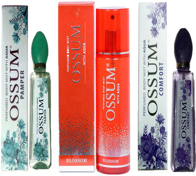 OSSUM COMFORT PERFUMED BODY MIST 115ML+ BLOSSOM PERFUMED BODY MIST 190ML+ PAMPER PERFUMED BODY MIST 115ML Deodorant Spray - For Men & Women(115 ml, Pack of 3)
OSSUM COMFORT PERFUMED BODY MIST 115ML+ BLOSSOM PERFUMED BODY MIST 190ML+ PAMPER PERFUMED BODY MIST 115ML Deodorant Spray - For Men & Women(115 ml, Pack of 3)