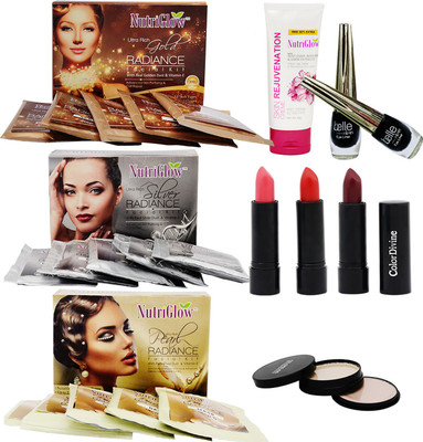 NutriGlow Set of 3 (Gold + Silver + Pearl) Facial kit + 1 Skin Rejuvenation Cream + 2 Eye liners + 3 Lipsticks + 1 (5-IN-1) Compact(Set of 1)