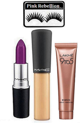 Pink rebellion Eyelashes & Mac, Retro Luster Heroine Lipstick & Minearalize Concealer (Set of 3) & Lakme 9 To 5 Weightless Mousse Foundation(Set of 4)